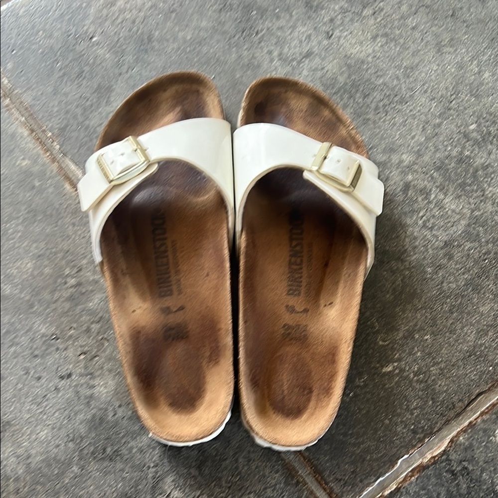Birkenstock White and Brown Mules with Contoured Footbed